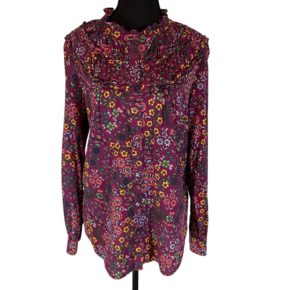 Talbots Purple Floral Ruffle Front Button Up Blouse Long Sleeve Sz M Cottagecore